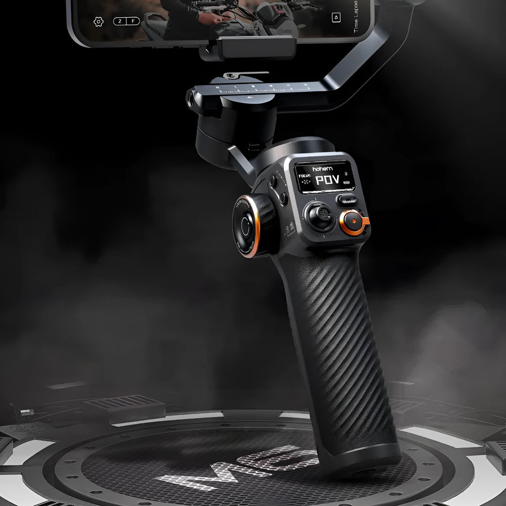 Black AI face tracking smartphone gimbal stabiliser with magnetic fill light attached and tripod extended.