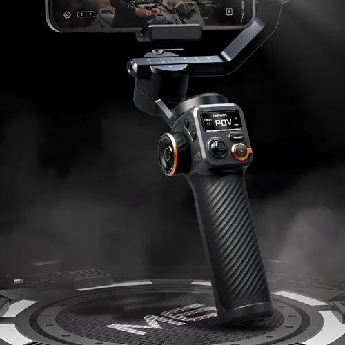 Black AI face tracking smartphone gimbal stabiliser with magnetic fill light attached and tripod extended.