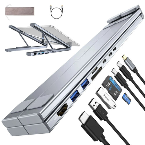 Folding aluminum alloy laptop stand with integrated 8-in-1 docking hub and HDMI ports.