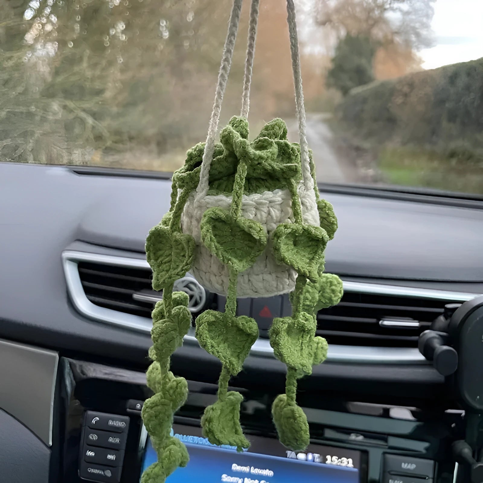Green and white crocheted wool car plant decoration with a white hanging rope.