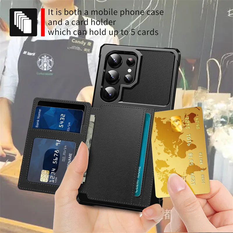 Card-inserting TPU PC protective back cover for Samsung S23 phone case in black
