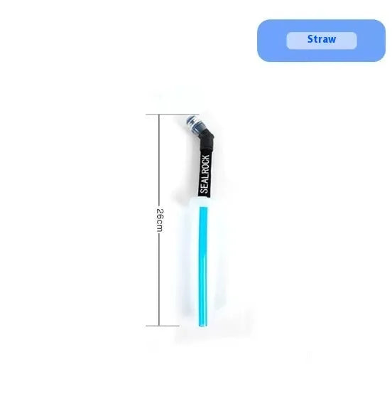 Mountain Cliking portable plastic straw with black clip attached to a green backpack strap