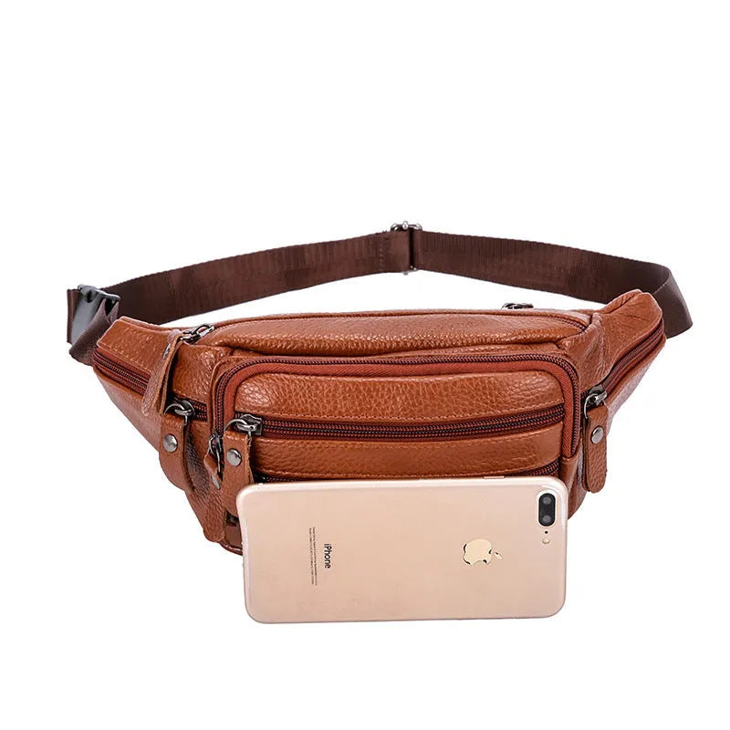 Cowhide men's belt bag in brown leather, horizontal square shape with zipper, size 23x13x8cm on model