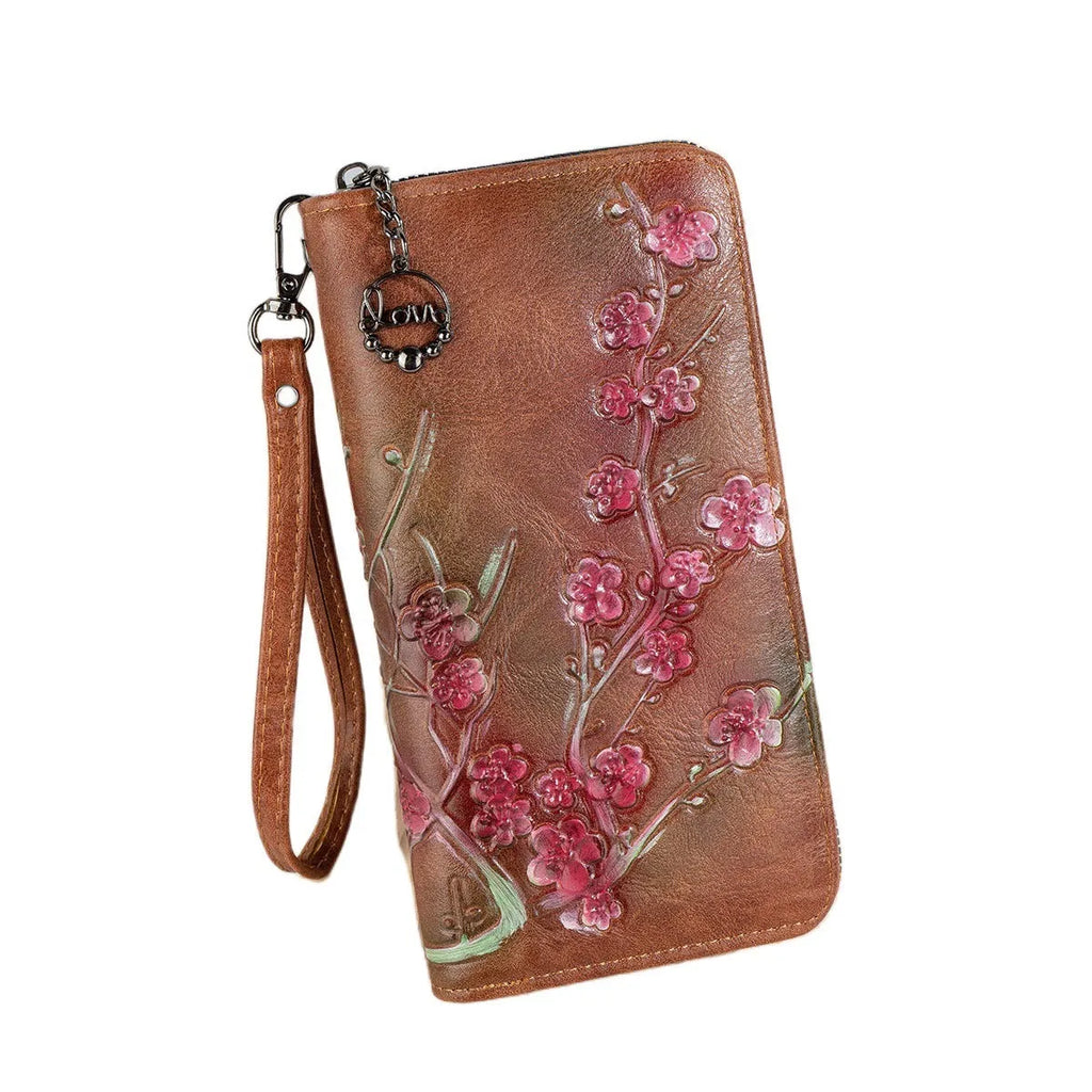 Embossed floral pattern Chinese style handbag with zipper closure in PU leather
