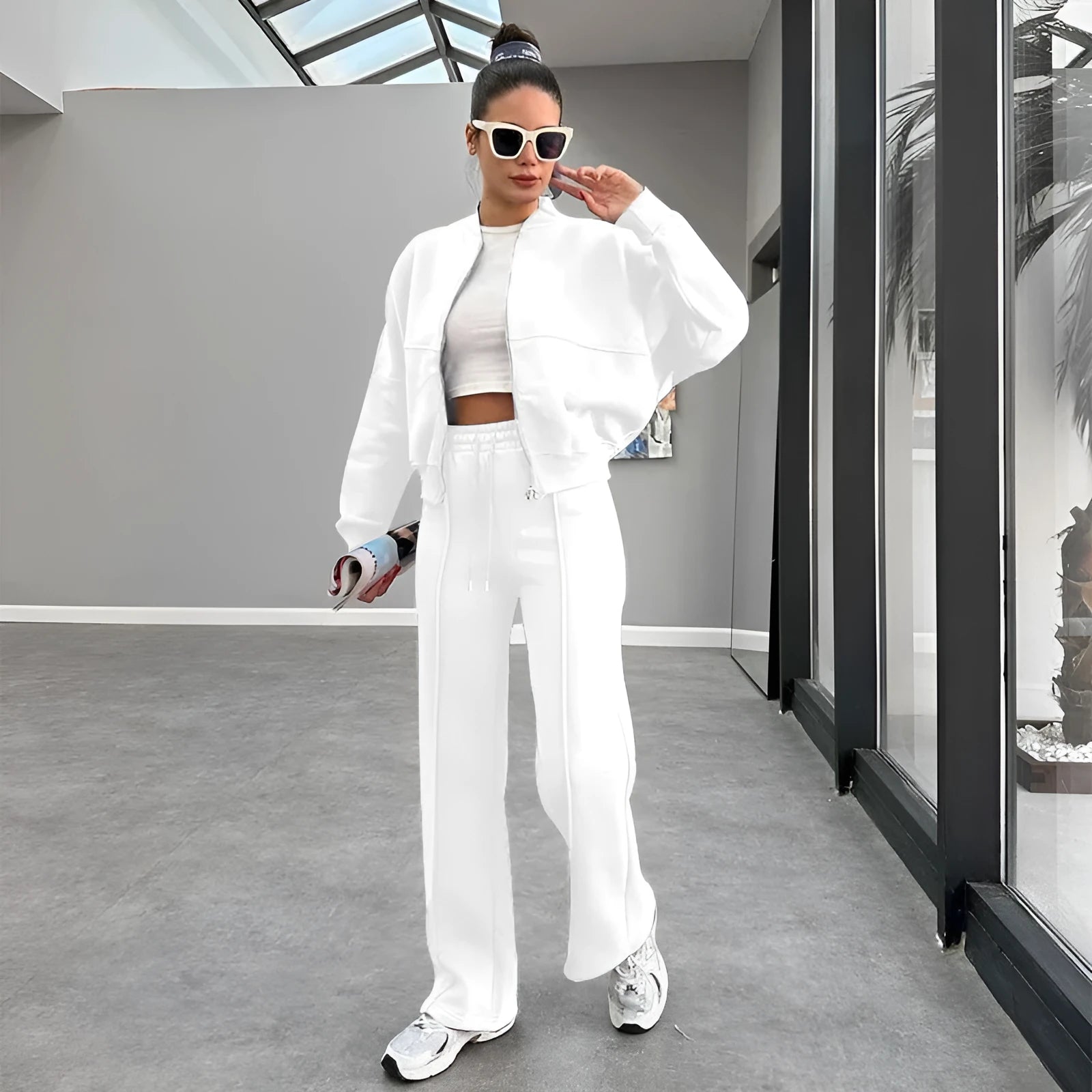 Women's fleece zipper cardigan and straight pants casual suit, seven colours, Japanese Korean style
