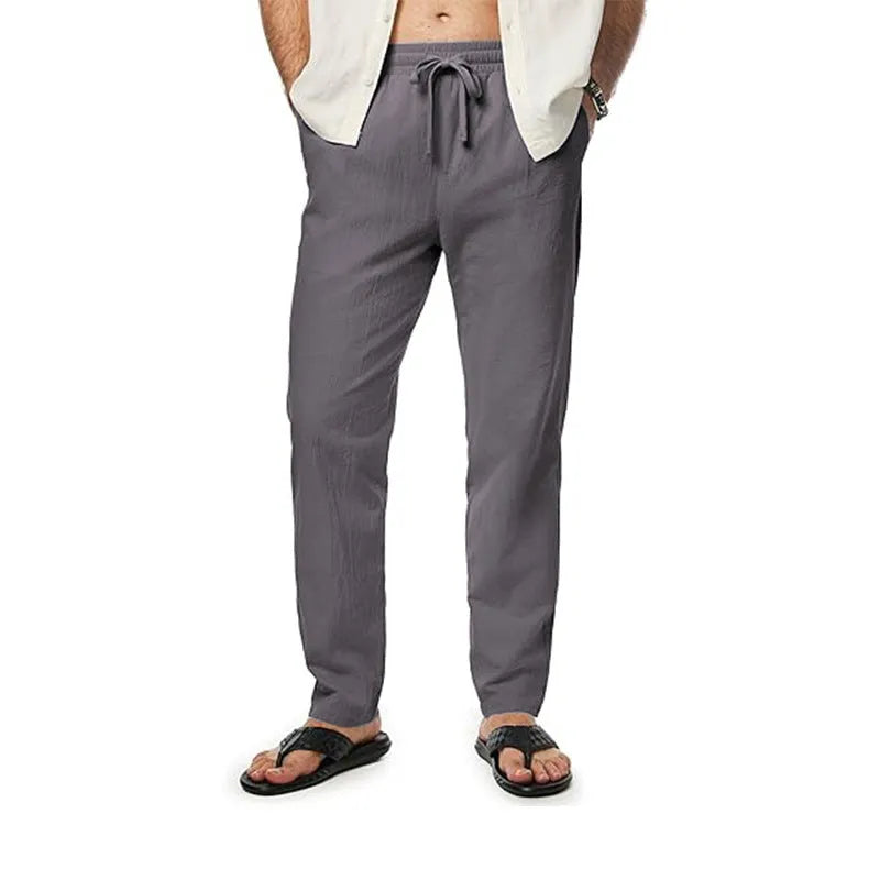 Men's cotton and linen trousers in loose straight-leg cut with drawstring waist, shown in five colours and sizes M to 5XL