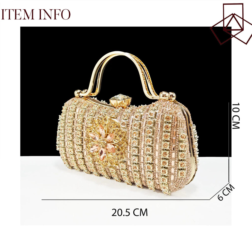 Women's black high-heel ankle boots with chain buckle flower decoration and a matching hard clutch bag.