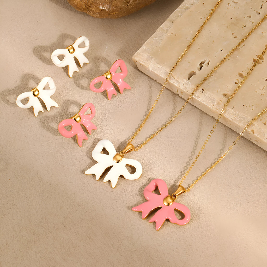 Bowknot white necklace with stainless steel pendant and electroplated finish on regular chain