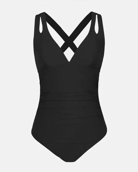 Solid colour one-piece swimsuit with triangle top and cross back shoulder straps