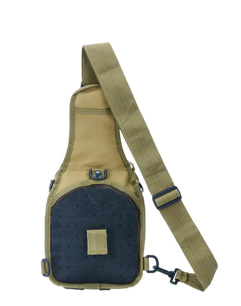 Small military tactical backpack with MOLLE webbing and camouflage design.