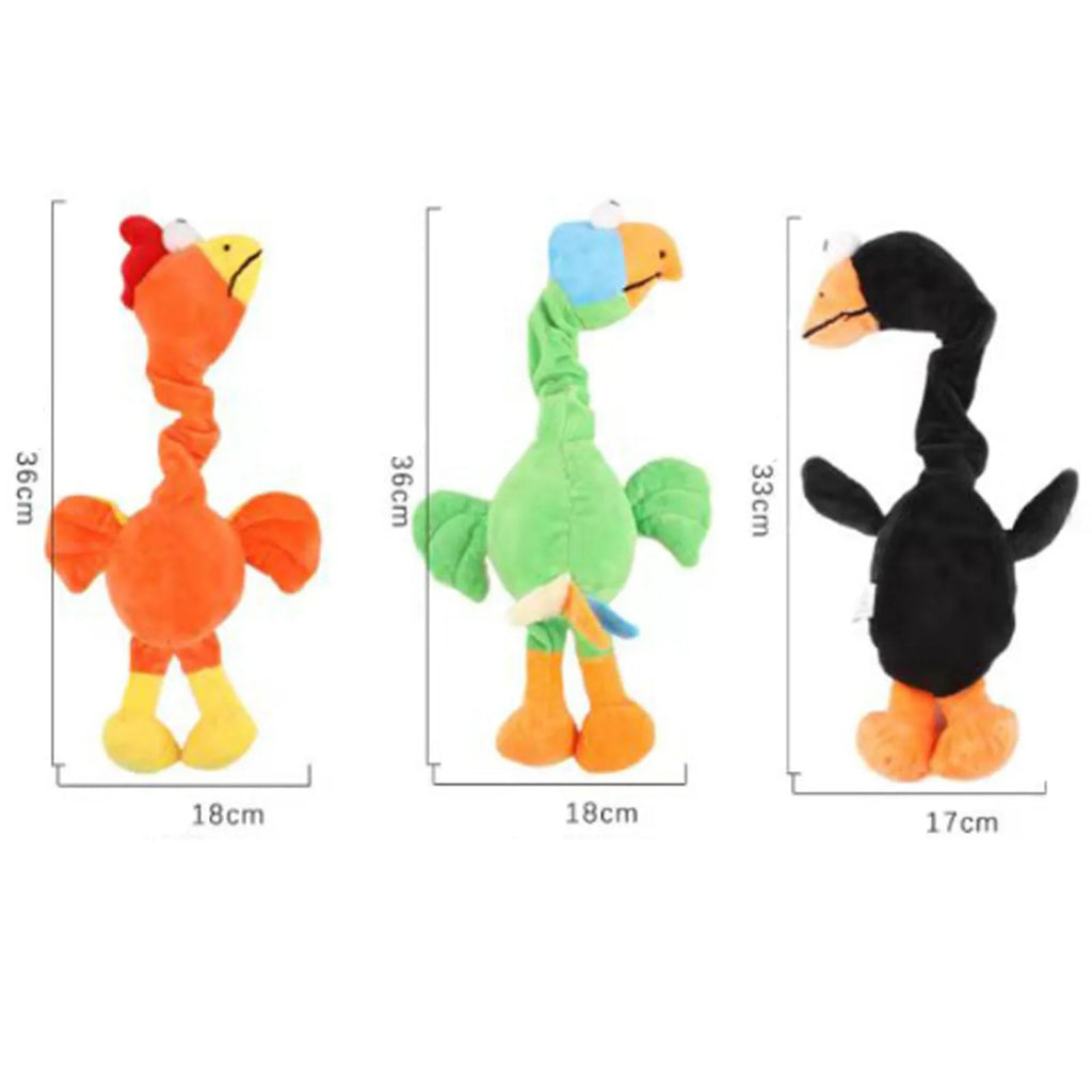 Latex rubber screaming chicken dog toy with squeaker in choice of black, green or orange.