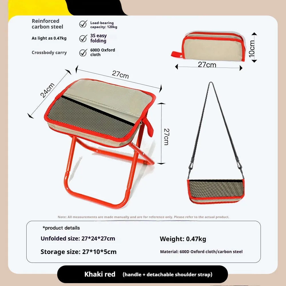 Lightweight foldable camp stool in Oxford cloth, shown in khaki colour, folded and unfolded.