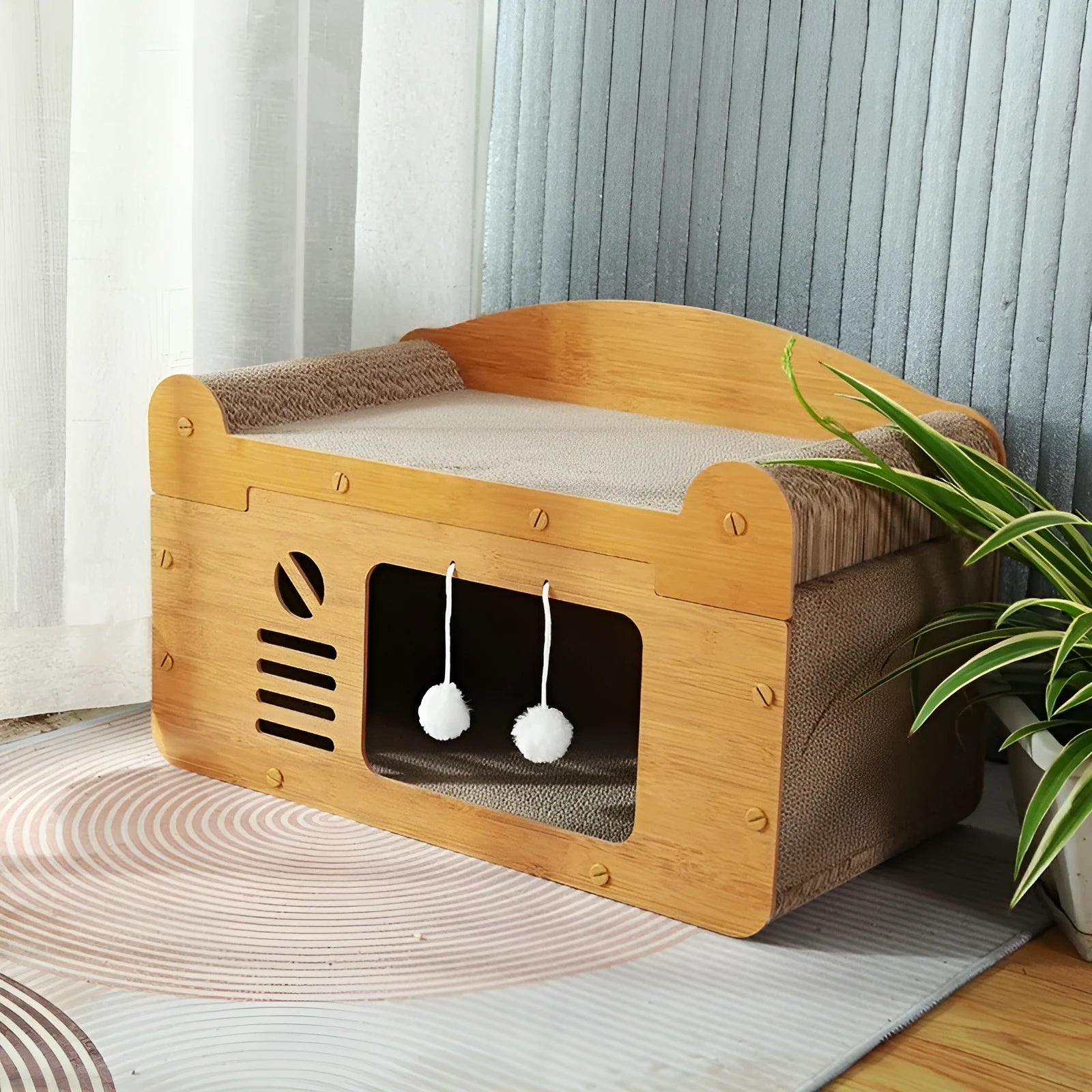 Brown corrugated cardboard cat house with double layer construction and two ball-shaped entrance doors