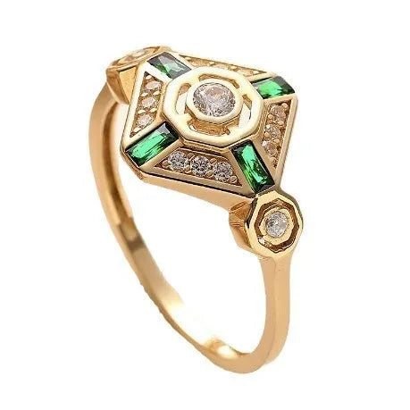 Square geometric ins-style women's ring with lvzuan coloured stones on a model's hand.