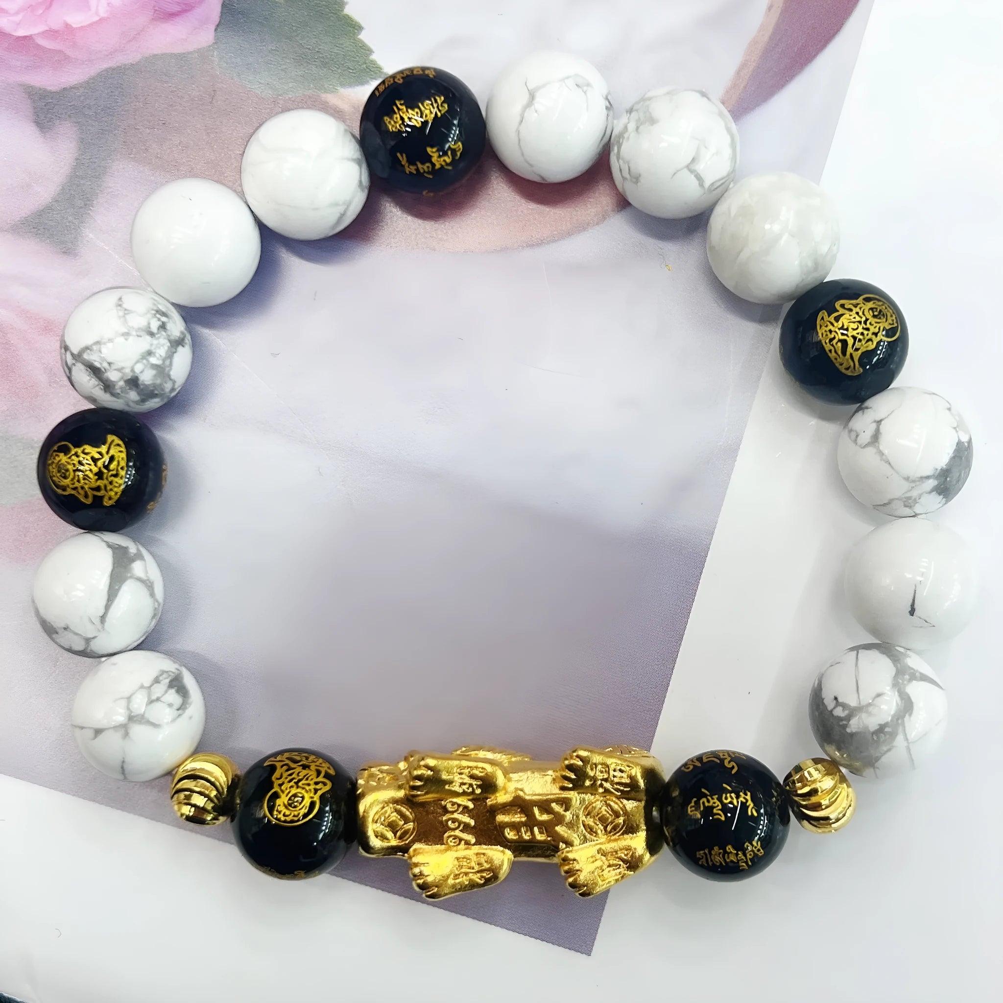 Vintage white turquoise and black agate couple bracelet with adjustable 15-17cm length