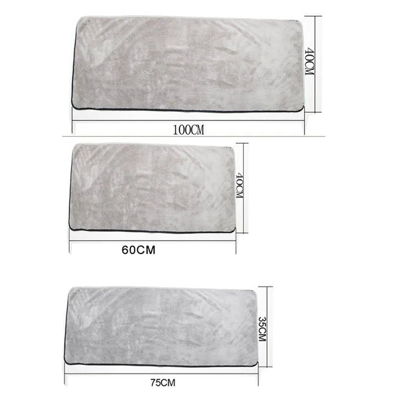 Microfiber car wash towel shown in three size variations: 75x35 cm, 60x40 cm, and 100x40 cm.