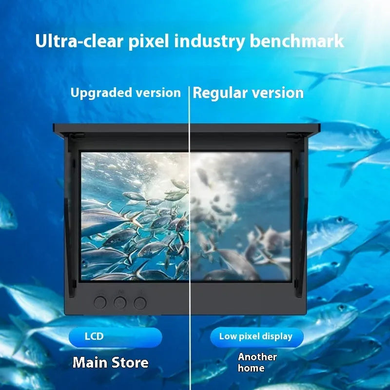 Underwater fish finder camera with 4.3-inch screen, wide-angle lens, and temperature sensor on a fishing boat.