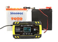 12V 24V battery charger for motorcycles and cars with a digital screen display.