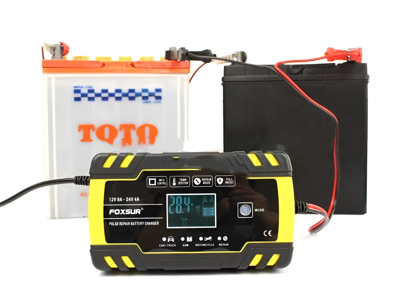 12V 24V battery charger for motorcycles and cars with a digital screen display.