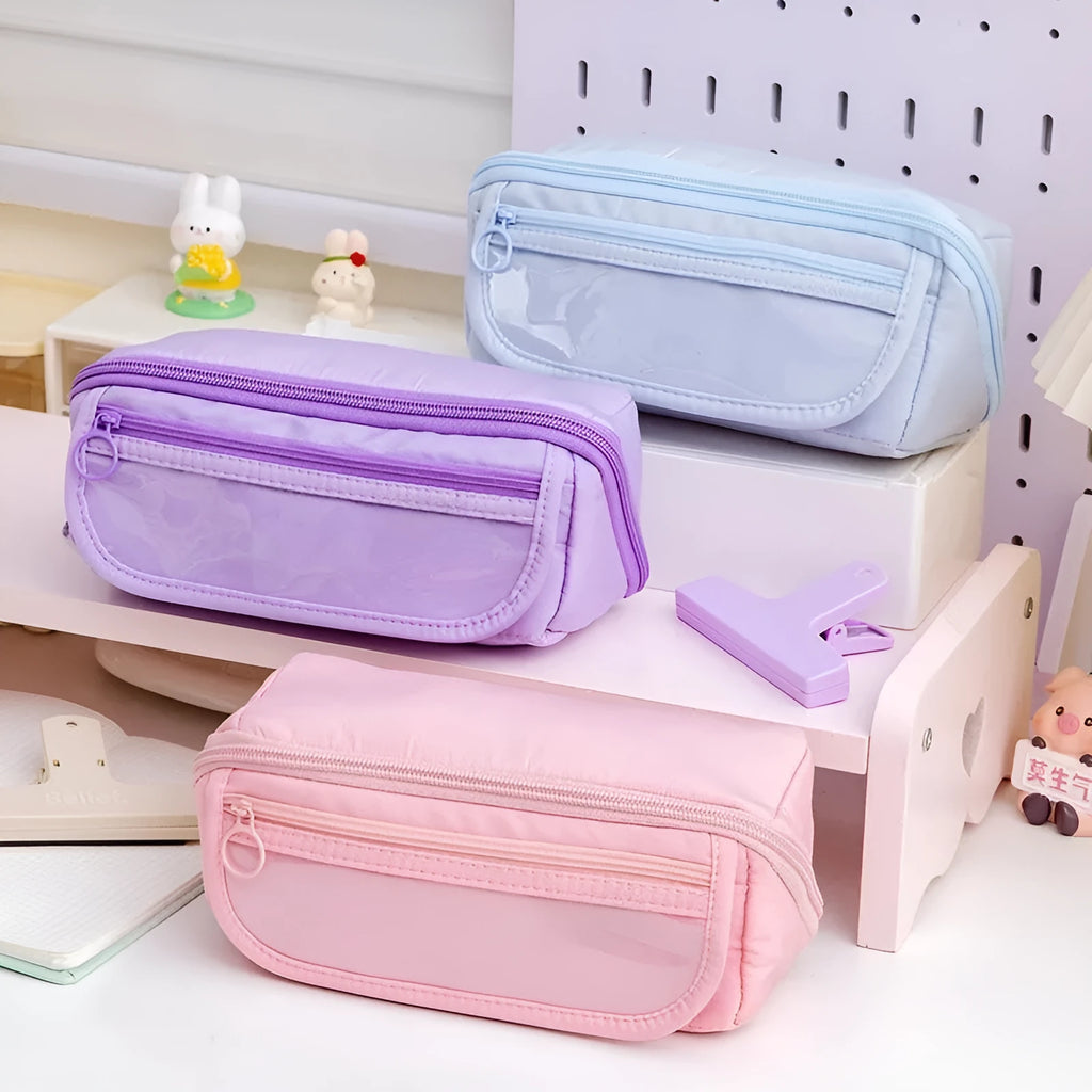 Korean-style canvas pencil case with ten flip-open layers in various colours.