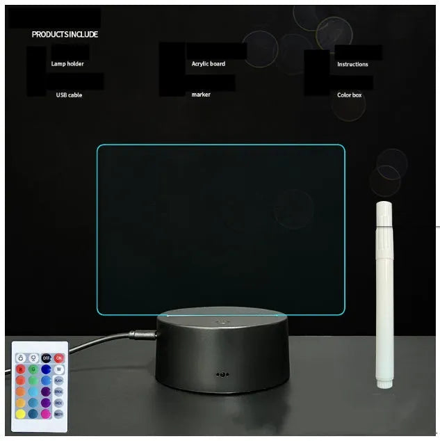 Black acrylic message board with LED lighting and remote control on wooden desk