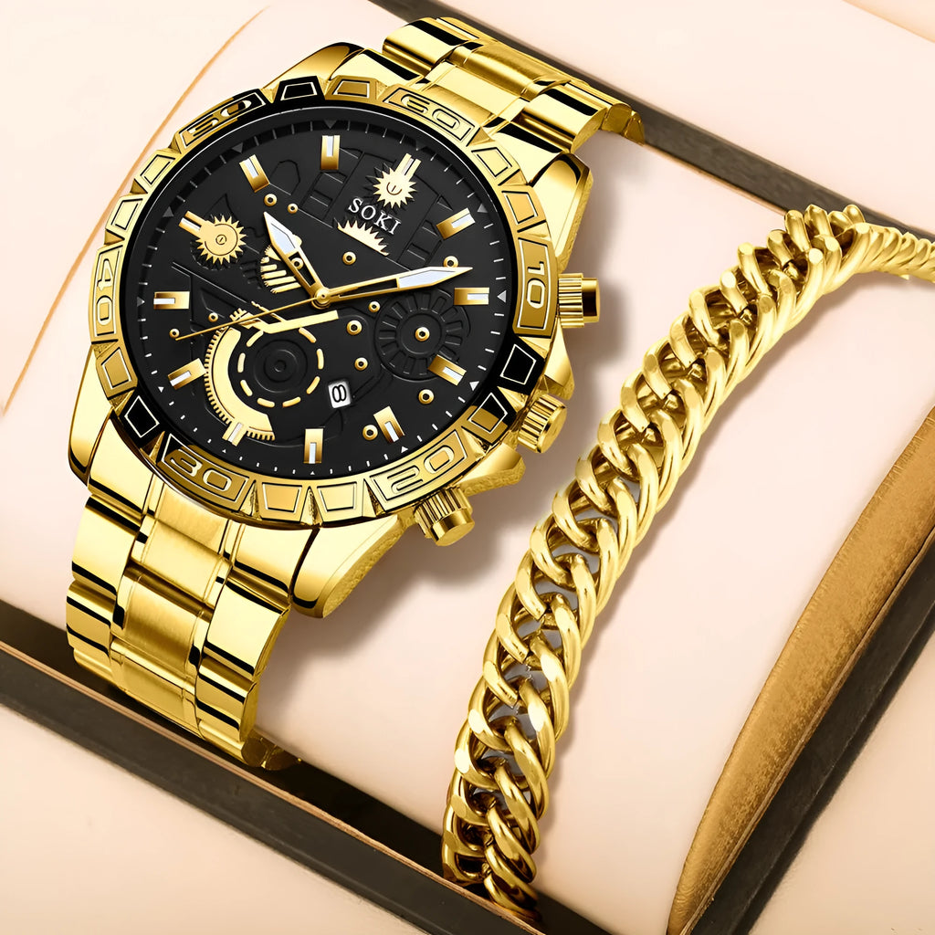 Gold men's steel business calendar quartz watch with stainless steel bracelet.