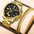 Gold men's steel business calendar quartz watch with stainless steel bracelet.