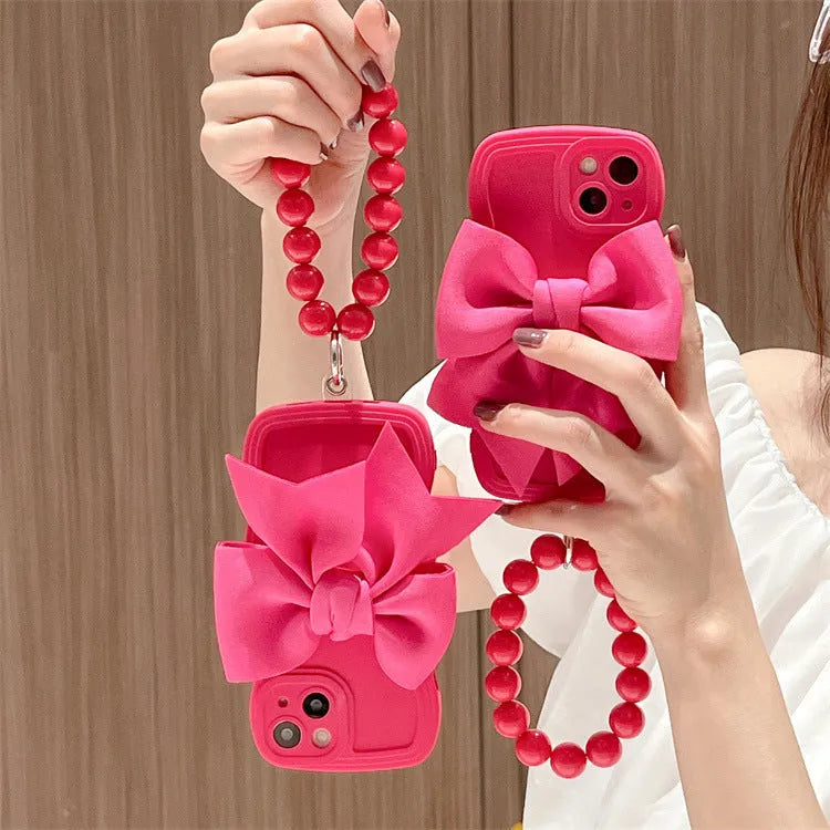 Rose Red silicone bow beads chain phone case for Samsung TPU back cover