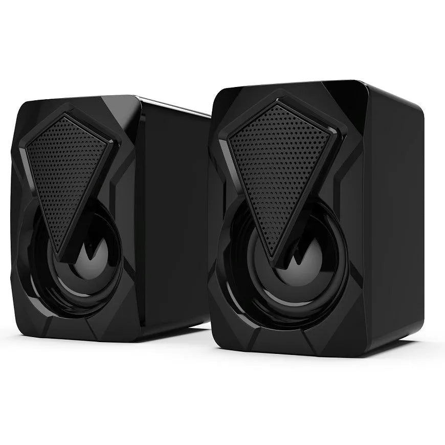 X2 RGB USB desktop multimedia speaker pair with extra bass, wired connection, and colourful lighting on a desk