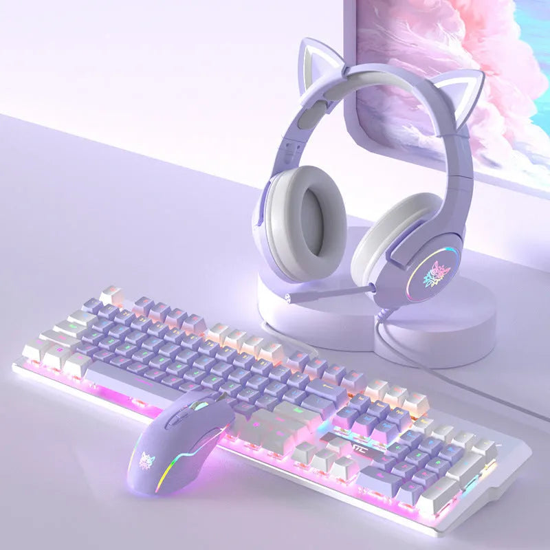 Purple and white mechanical keyboard and optical mouse set with backlighting on desktop