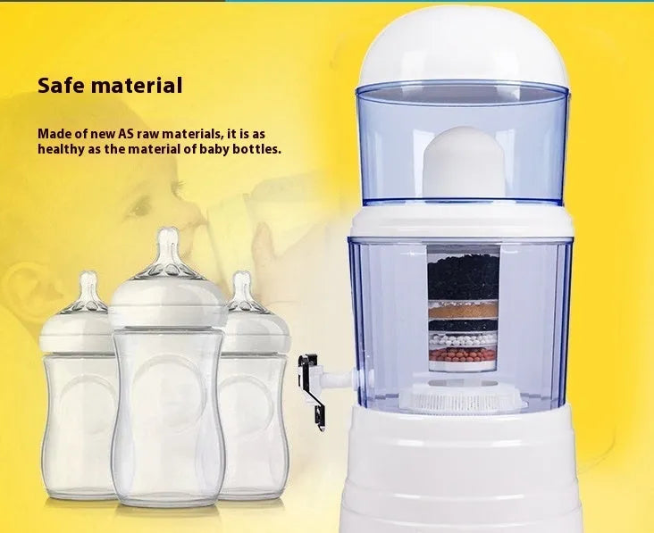 Blue plastic household water purifier with activated carbon filter, 25.3 x 59 cm, eight-layer filtration