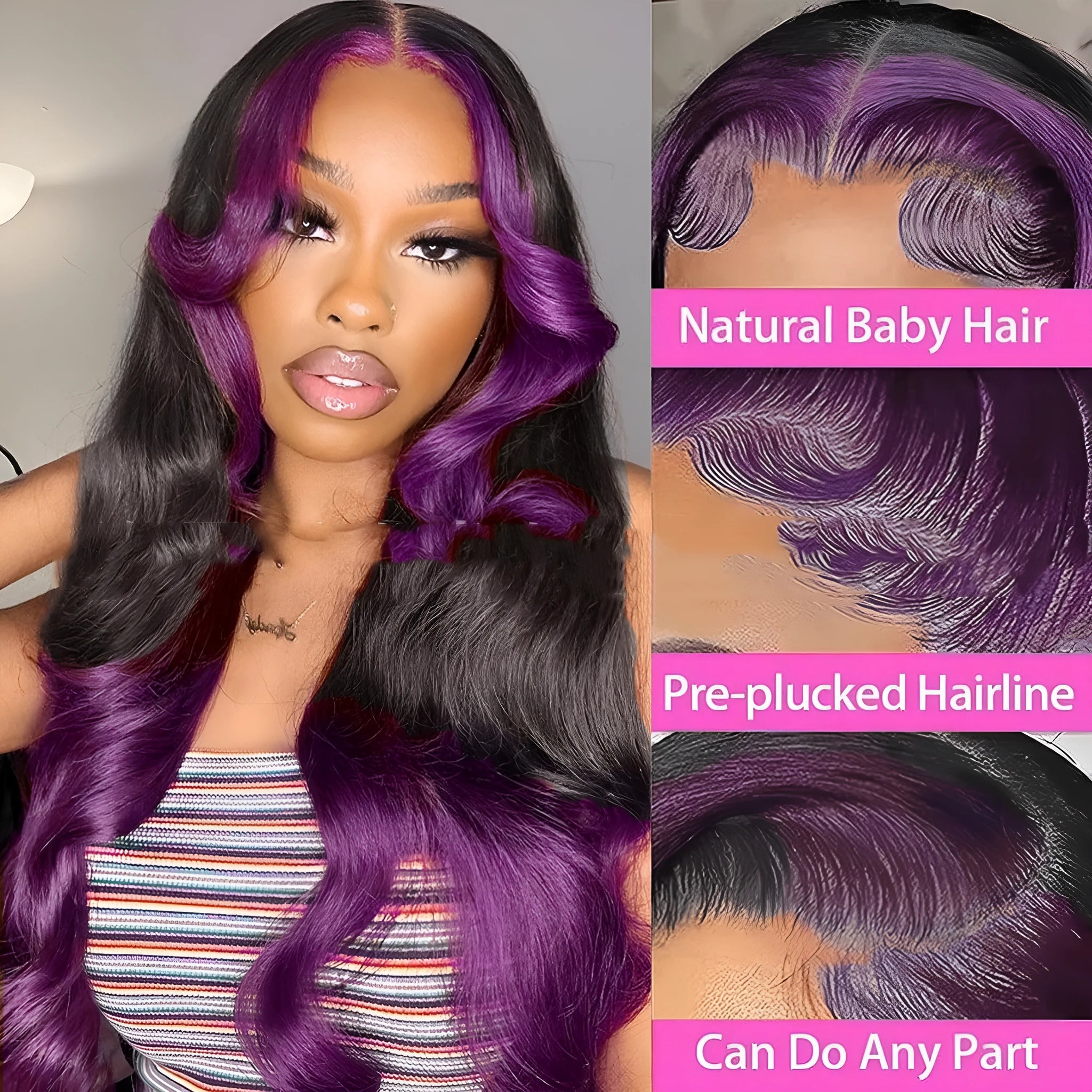Gradient purple front lace human hair wig with 13x6 lace frontal shown in long lengths.