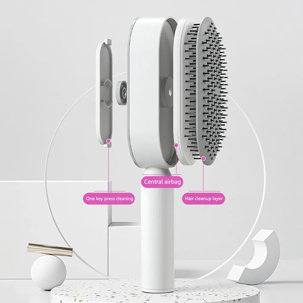 Self-cleaning hair brush with air cushion design in black gold, white, or black purple colours