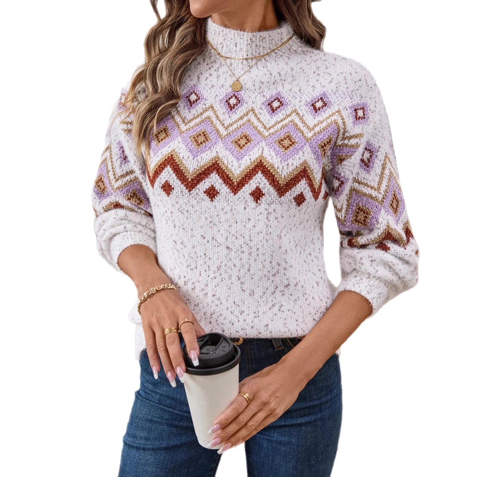 White loose fit women's sweater with a geometric jacquard pattern and a half turtleneck neckline.