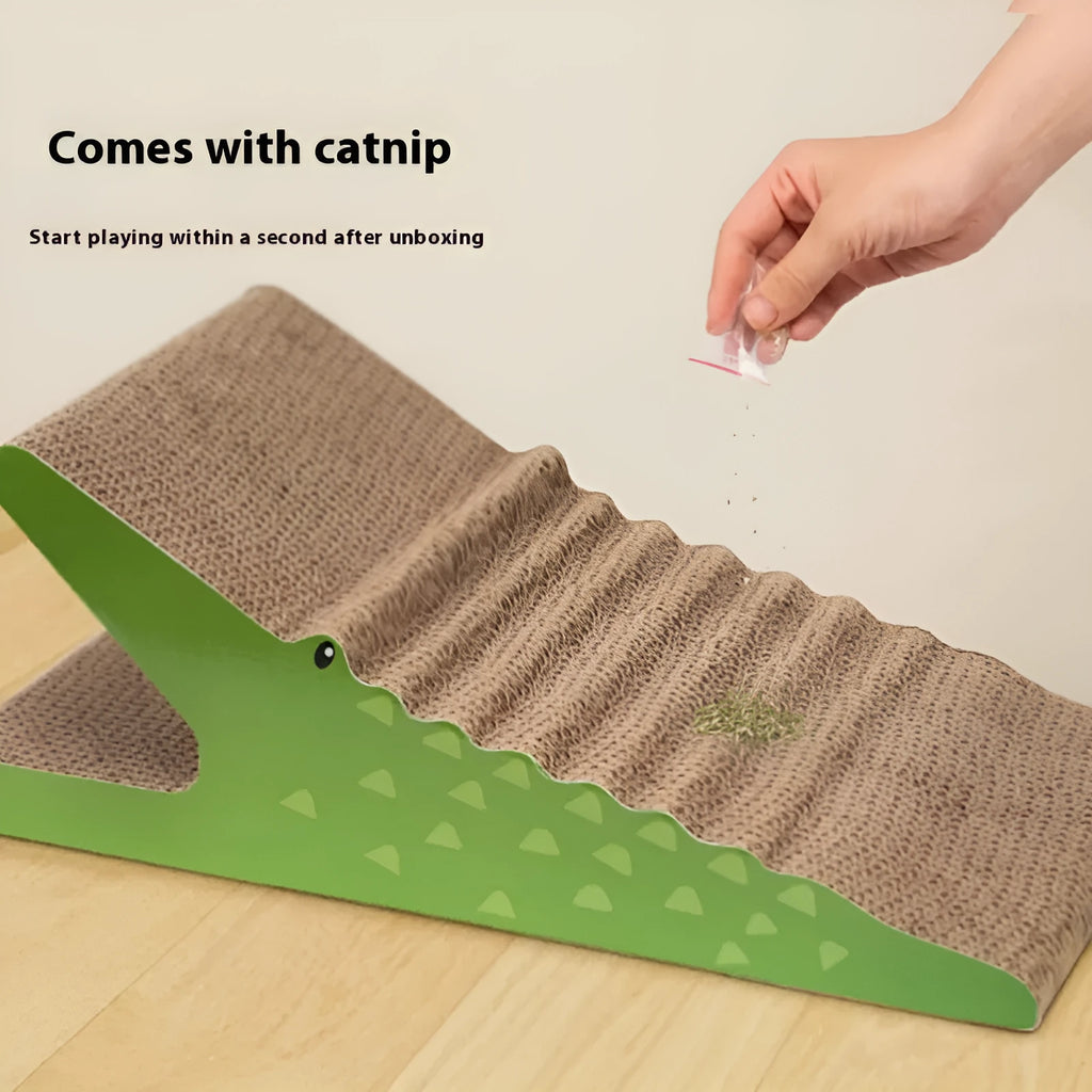 Vertical cat scratch board toy made of corrugated paper in giraffe, elephant, and baby crocodile colours for indoor cats.