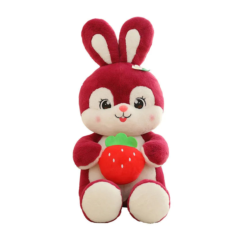 Pink strawberry rabbit plush toy doll pillow with soft furry fabric on white background