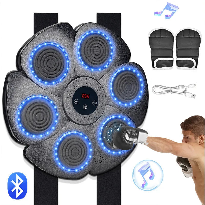Black plastic smart boxing wall target with LED lights and a half-finger boxing glove.