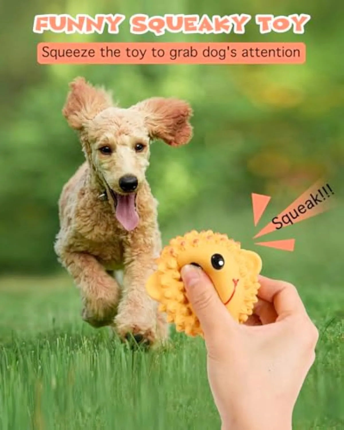 Set of four spiky orange and yellow latex squeaky animal dog toys for fetch and teeth cleaning.