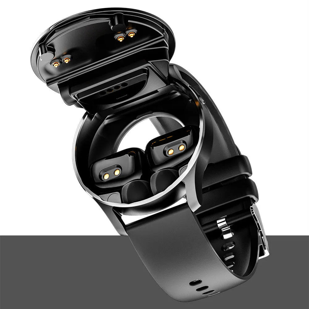 Black X7 smart watch with TWS Bluetooth earphones on wrist, showing 1.32-inch HD touch screen and zinc-aluminium alloy case.