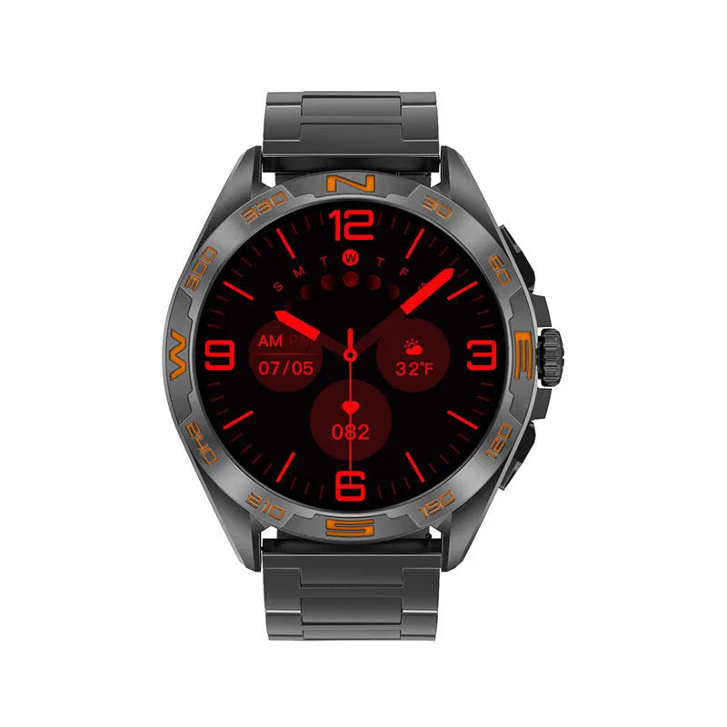 Black smart watch with touchscreen displaying heart rate and WhatsApp notification on a wrist.