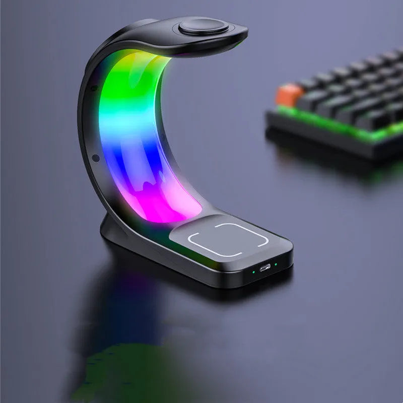 4 in 1 magnetic wireless charger fast charging station with RGB atmosphere light for iPhone AirPods Watch in black and white
