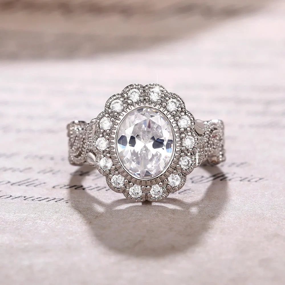 Women's copper ring with white gold plating and full round zircon stone setting in a geometry shape.