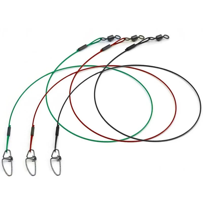 Set of steel wire fishing leaders in black, green, and red with double buckle pins.