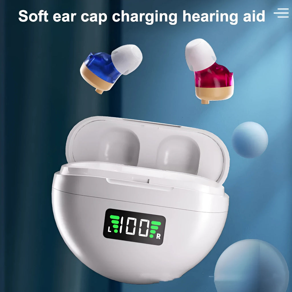 Red blue rechargeable hearing aid with digital display, over ear design, USB charging, 12+ hour battery
