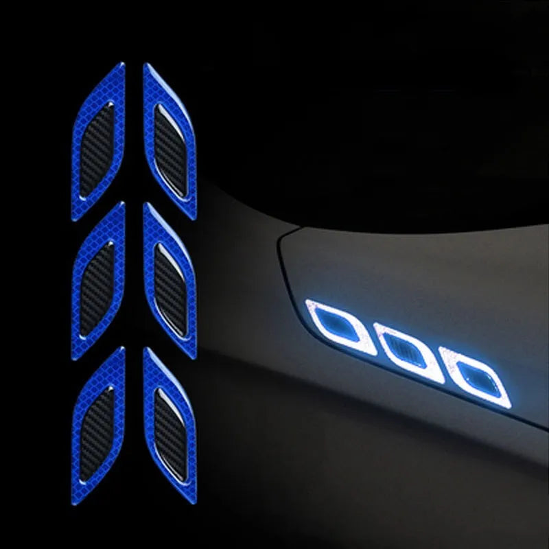Blue reflective warning tape applied to car wheel bumper showing 17mm width and universal fit design