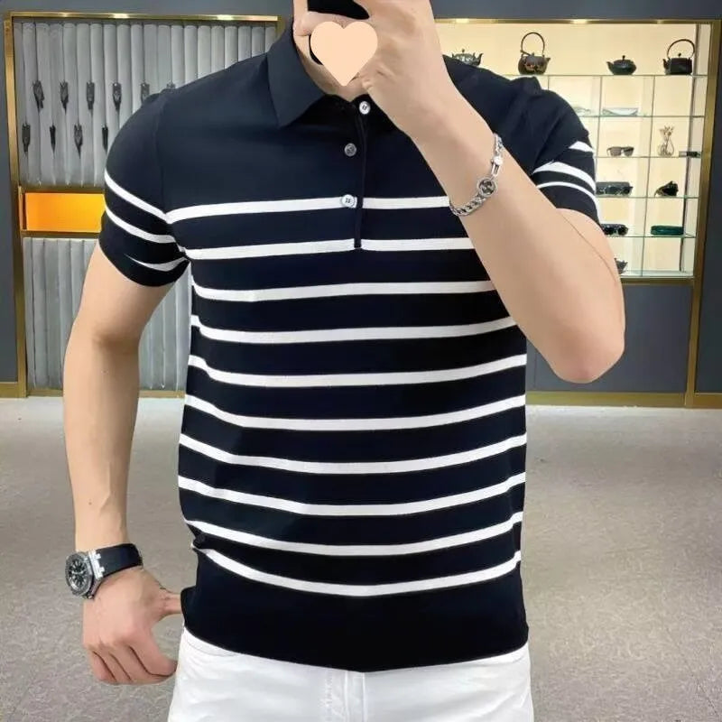 Black and white striped lapel knitted t-shirt with pullover design