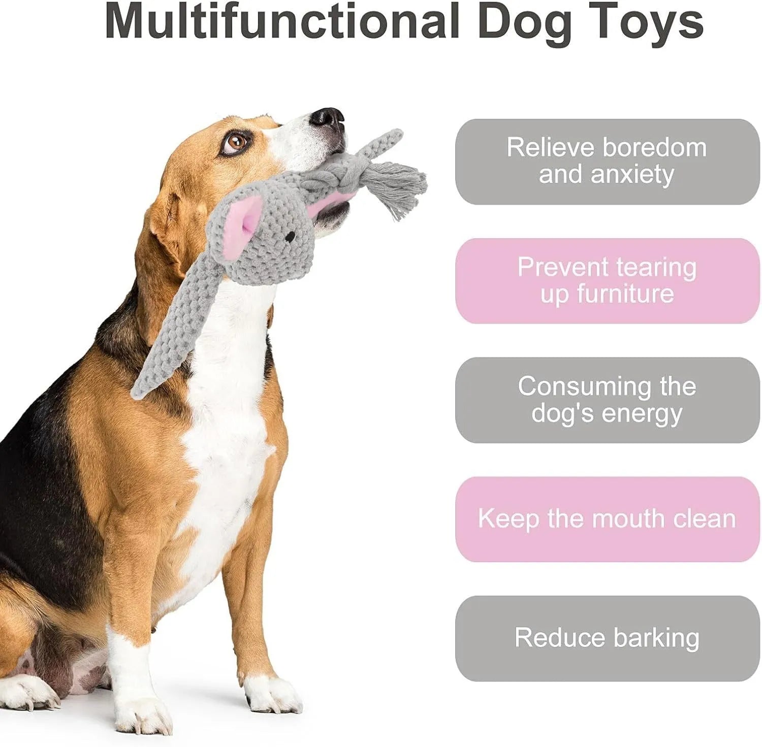 Plush animal dog toy with cotton rope, shown in elephant, fox, monkey, pig, and rabbit designs.