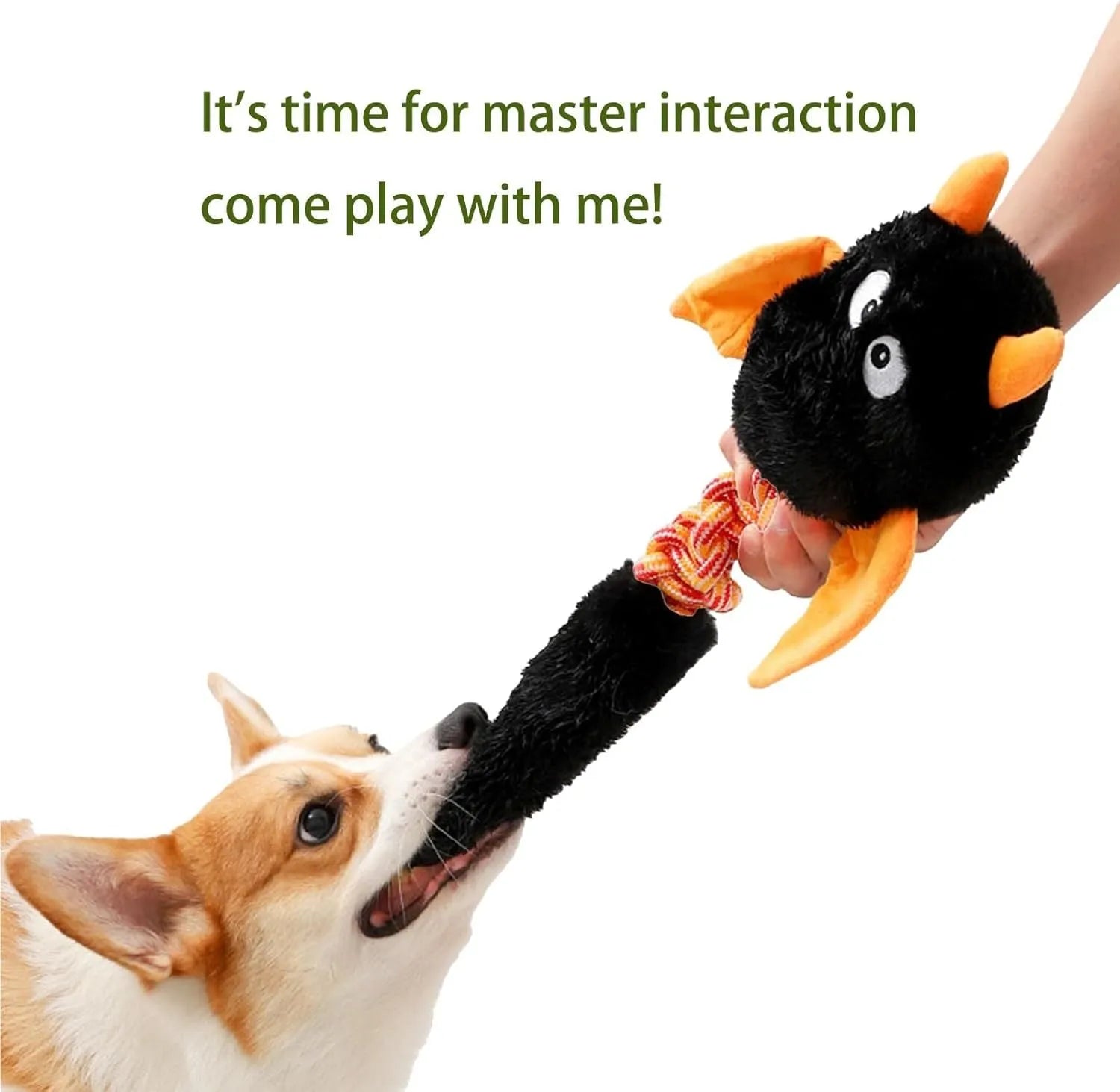 Cartoon-style plush dog toy with a chew rope, shown in black, green, or red colours.