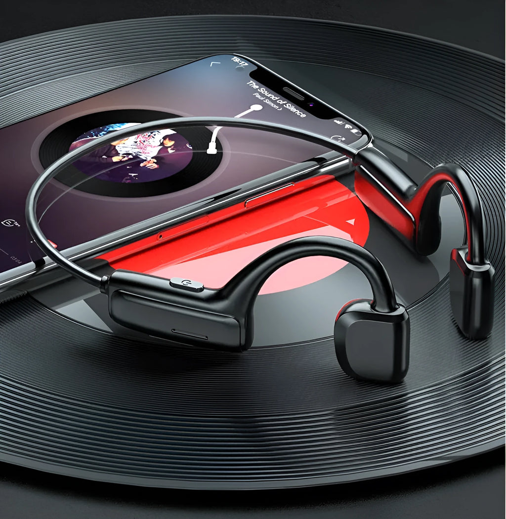 G1 wireless sports Bluetooth headset in earless design, two colour options shown on model ear