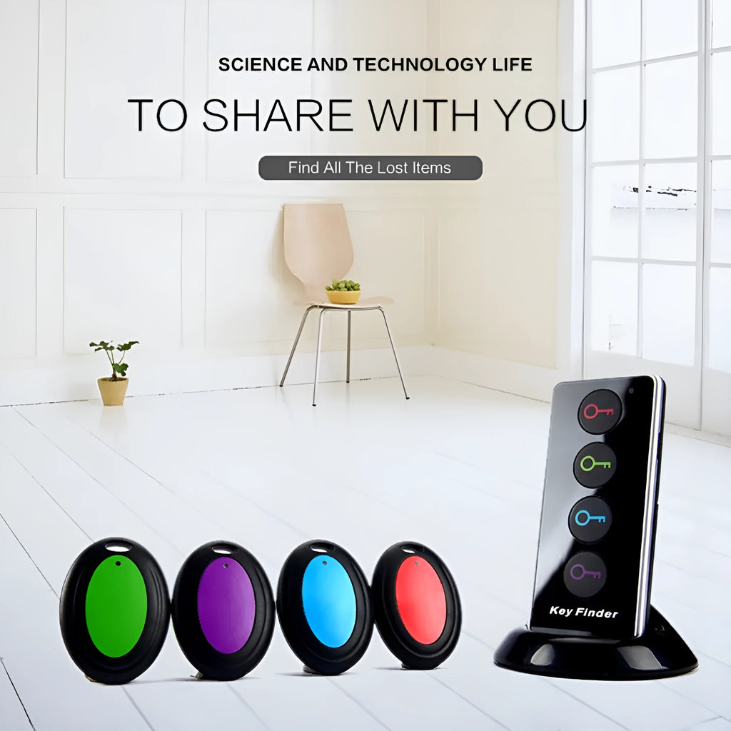 Wireless key locator one-to-four system with black emitter and four receivers, 40 metre range